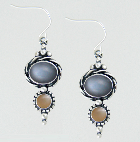Sterling Silver Drop Dangle Earrings With Grey Moonstone And Peach Moonstone